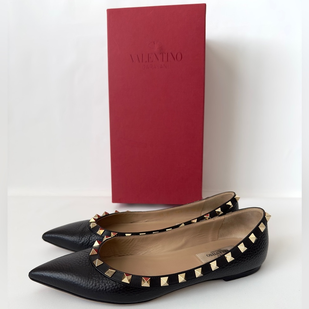 ✨Auth VALENTINO GARAVANI Rockstud Pebbled Leather Pointed Ballerina Flats 36.5 - Picture 2 of 16